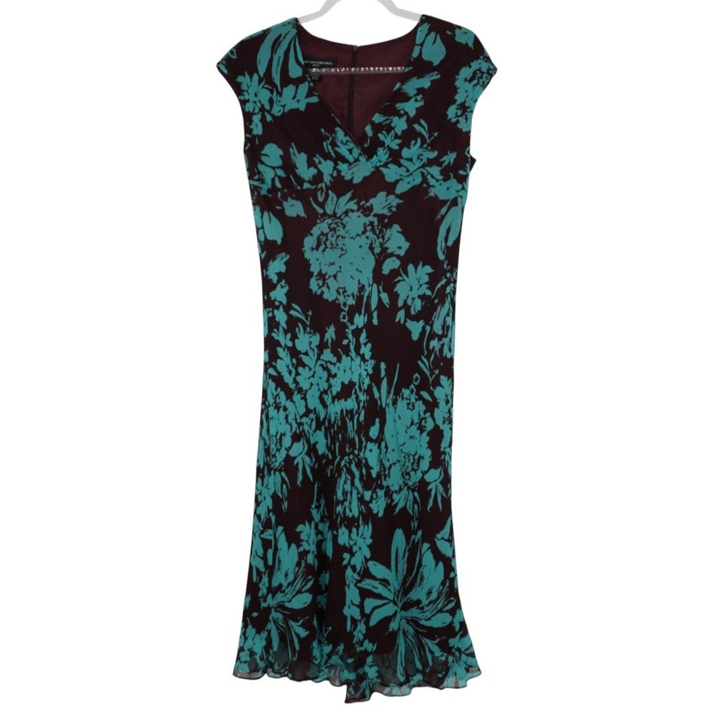 Vintage Y2K 100% Silk Brown Teal V Neck Maxi Slip Dress Jones NY Fairy Grunge 14